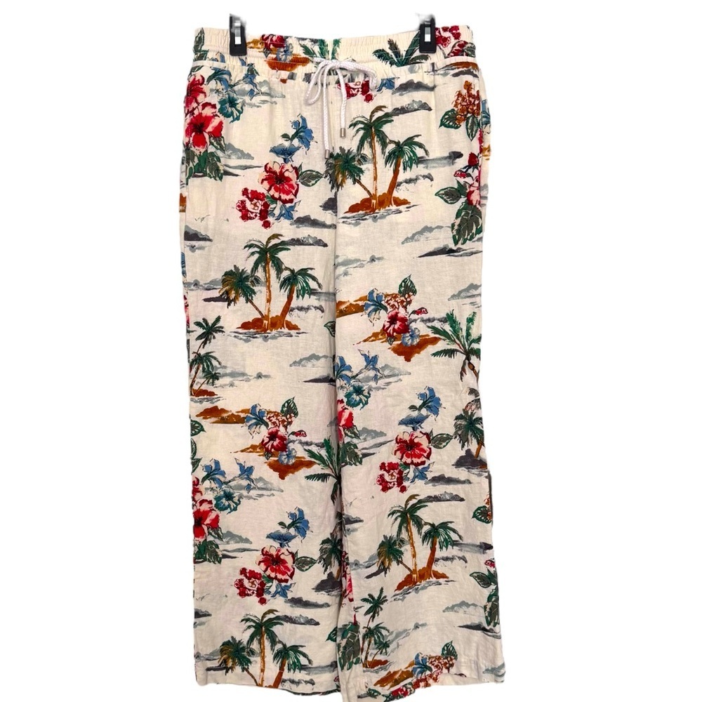 NWOT Hawaiian Print Size M (8-10) Linen Blend Elastic & Drawstring Pants Pockets